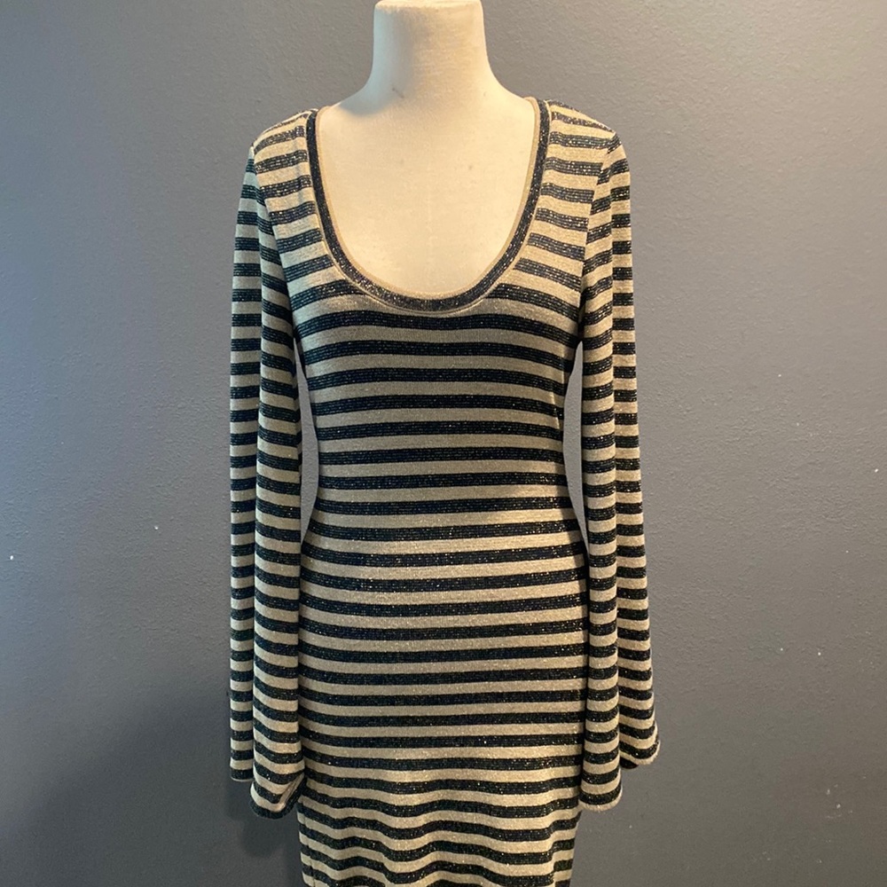 ZARA Navy and Champagne Shimmer Dress with Bell Sleeves